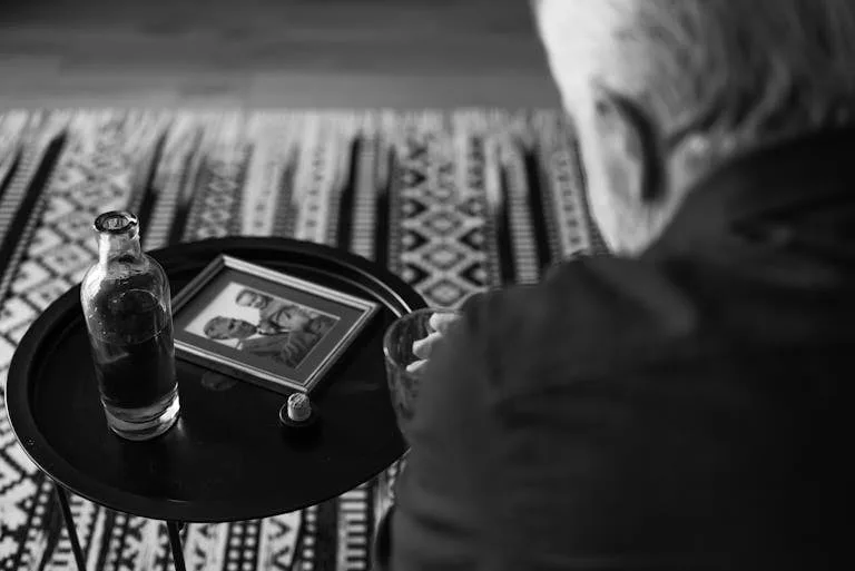 zwart wit foto van een ouder man die naar een foto kijkt en herinneringen zoekt